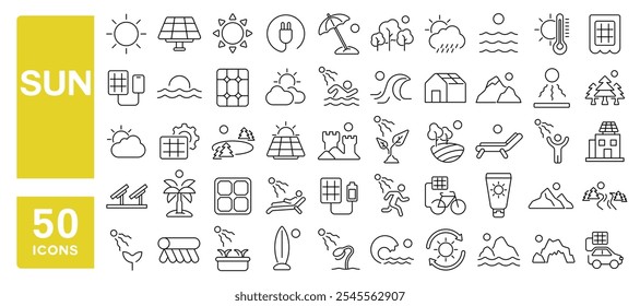 Set of 50 line icons related to sun, sunshine, summer, solar, rays, protection, coast, sunblock, power, sunlight, Editable stroke. Vector illustration