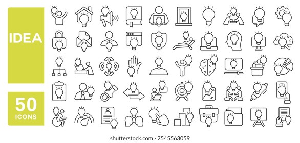 Set of 50 line icons related to idea, brainstorm, creativity, think, light bulb, brain, business, generation, suggestion, Editable stroke. Vector illustration