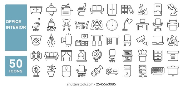 Conjunto de 50 iconos de línea relacionados con el interior de la oficina, negocios, taller, escritorio, espacio de trabajo, muebles, sala, reuniones, suministros, estante, trazo editable. Ilustración vectorial