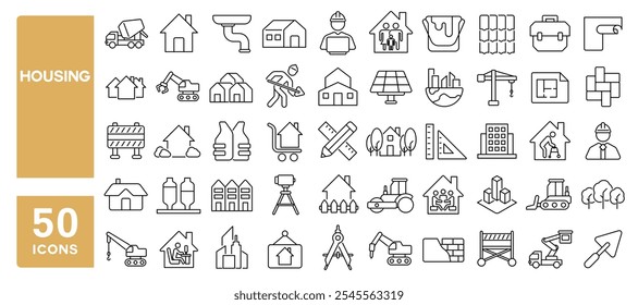 Conjunto de 50 iconos de línea relacionados con la vivienda, construir, urbano, construcción, casa, villa, casa, comprar, vender, residencial, apartamento, estilo editable. Ilustración vectorial