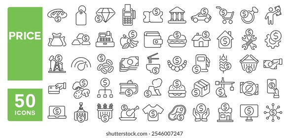 Set of 50 line icons related to price, invoice, cost, pay, money, expense, buy, food, tag, bill, Editable stroke. Vector illustration