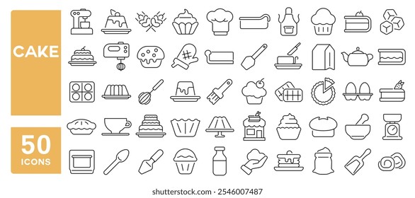 Set of 50 line icons related to cake, bake, dessert, cheesecake, cupcake, muffin, slice, cream, pie, Editable stroke. Vector illustration