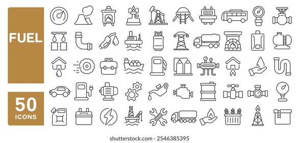 Set of 50 line icons related to fuel, station, automobile, gasoline, oil, energy, vehicle, fill, gas, petrol, power, Editable stroke. Vector illustration