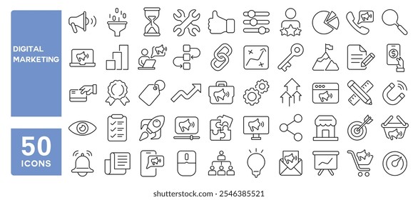 Set von 50 Linien Icons im Zusammenhang mit digitalem Marketing, Werbung, Newsletter, Inhalt, Vertrieb, Analytik, Forschung, Ziel, Publikum, Editable Stroke. Vektorgrafik