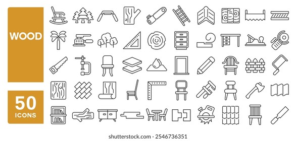 Set of 50 line icons related to wood, wooden, timber, trees, roof, chair, plank, flooring, stump, tools, lumber, Editable stroke. Vector illustration