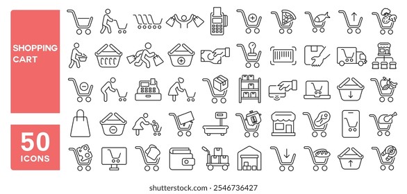 Set of 50 line icons related to shopping cart, trolley, basket, shopping, food, clothes, bag, market, buy, sale, Editable stroke. Vector illustration