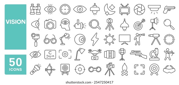 Set of 50 line icons related to vision, eye, visible, glasses, focus, visually, hidden, observe, look, lens, camera, microscope, shoot, target, Editable stroke. Vector illustration