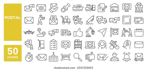 Set of 50 line icons related to postal, envelope, mail, shipping, stamp, truck, delivery, parcel, paper, post, Editable stroke. Vector illustration