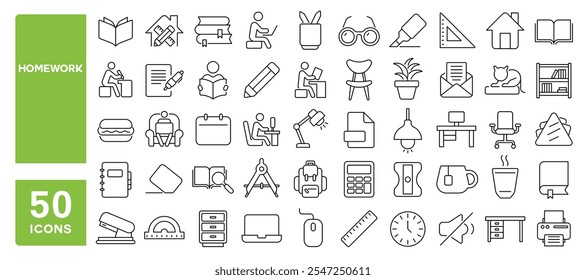 Set of 50 line icons related to homework, book, house, lesson, exam, study, student, notebook, schoolwork, classwork, Editable stroke. Vector illustration