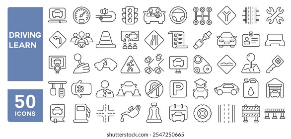 Conjunto de 50 iconos de línea relacionados con la conducción, aprender, coche, control, vehículo, conducir, reglas, examen, prueba, auto, Licencia, carrera editable. Ilustración vectorial