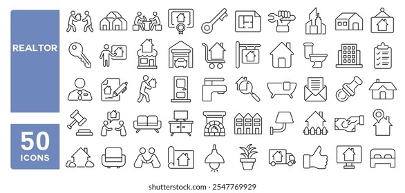 Set of 50 line icons related to realtor, home, real estate, rental, broker, contract, residential, house, consultant, agent, Editable stroke. Vector illustration