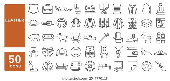 Conjunto de 50 iconos de línea relacionados con cuero, cinturón, cartera, natural, caso, bolso, monedero, calzado, ropa, sombrero, cubierta, golpe editable. Ilustración vectorial