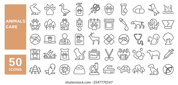 Set of 50 line icons related to animals care, veterinary, protect, clinic, friendly, pet, vet, Editable stroke. Vector illustration