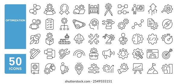 Set of 50 line icons related to optimization, process, workflow, operation, transmission, operation, management, progress, Editable stroke. Vector illustration