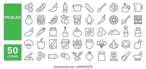 Set of 50 line icons related to pickles, cucumber, jar, vegetables, salted, veggie, gherkin, gourmet, Editable stroke. Vector illustration