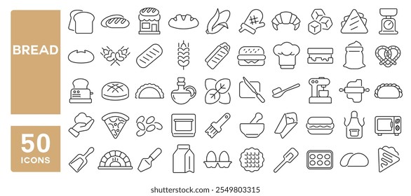 Set von 50 Linien Icons bezogen auf Brot, frisch, gebacken, Baguette, Brötchen, Brezel, Sandwich, Croissant, Toast, Weizen, Editable Stroke. Vektorgrafik