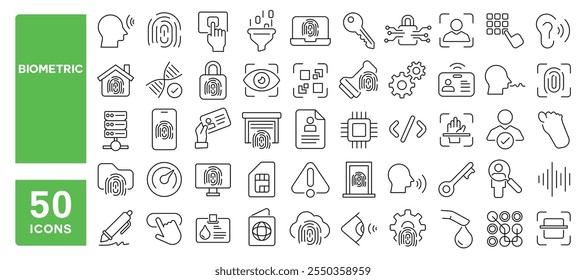 Conjunto de 50 iconos de línea relacionados con biométricos, identidad, huellas dactilares, impresión, reconocimiento, escaneo, verificación, acceso, detección, trazo editable. Ilustración vectorial