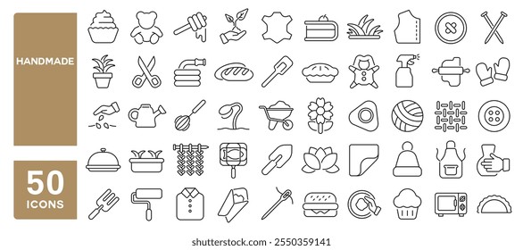 Conjunto de 50 iconos de línea relacionados con hechos a mano, caseros, jardinería, costura, bricolaje, artesanía, cocinero, hornear, cerámica, golpe editable. Ilustración vectorial