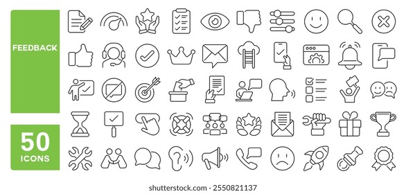 Set von 50 Zeilen Icons im Zusammenhang mit Feedback, Umfrage, Meinung, Kunde, Support, Qualität, Zufriedenheit, Unterstützung, technische, Bearbeitbare Strich. Vektorgrafik