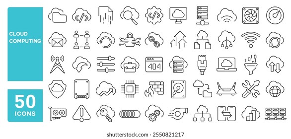 Conjunto de 50 ícones de linha relacionados à computação em nuvem, sistema, servidor, hospedagem, dados, intercâmbio, software, banco de dados, curso editável. Ilustração vetorial