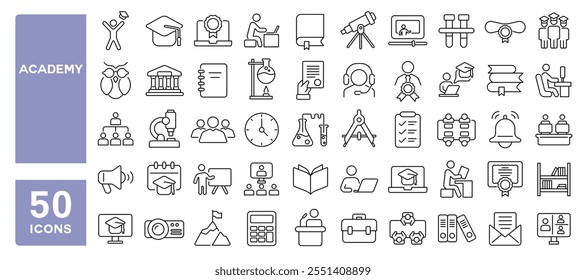 Set von 50 Zeilen Icons im Zusammenhang mit Akademie, online, Kurs, Bildung, Ausbildung, Uni, Diplom, akademische, editierbare Schlaganfall. Vektorgrafik