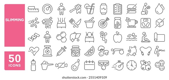 Set of 50 line icons related to slimming, weight, loss, healthy, body, waist, belly, exercise, diet, slender, Editable stroke. Vector illustration