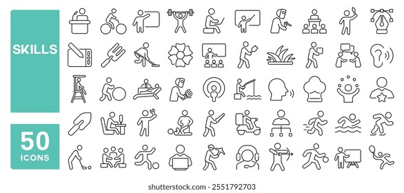 Set of 50 line icons related to skills, various, craft, speak, listen, communicate, cook, clean, draw, weld, sport, teach, work, Editable stroke. Vector illustration