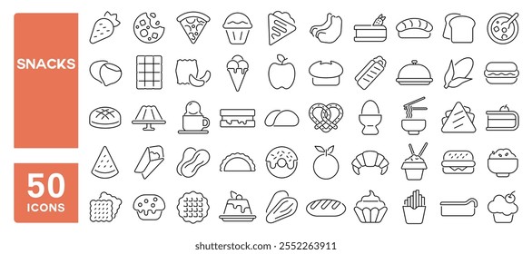 Set of 50 line icons related to snacks, chips, nuts, sweets, meal, food, takeaway, fruits, sandwich, Editable stroke. Vector illustration