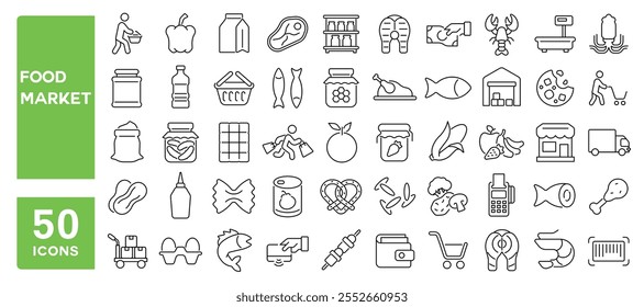 Conjunto de 50 iconos de línea relacionados con el mercado de alimentos, tienda, comestibles, pescado, carne, frutas, verduras, pan, productos, Carrito, carrera editable. Ilustración vectorial