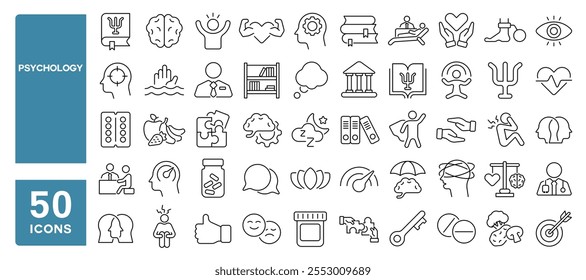 Set of 50 line icons related to psychology, mental, think, therapy, health, mind, brain, rehabilitation, help, cognitive, Editable stroke. Vector illustration