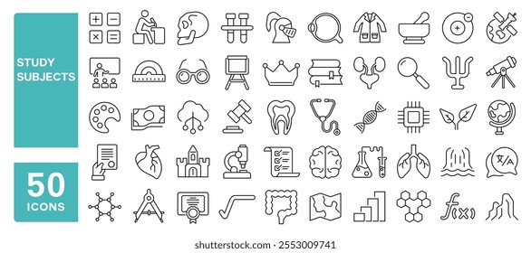 Conjunto de 50 ícones de linha relacionados a assuntos de estudo, matemática, ciência, língua, química, geografia, filosofia, história, arte, ensinar, AVC editável. Ilustração vetorial