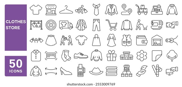 Conjunto de 50 iconos de línea relacionados con tienda de ropa, ropa, tienda, venta al por menor, tela, pantalón, abrigo, chaqueta, vestido, percha, sudadera con capucha, golpe editable. Ilustración vectorial