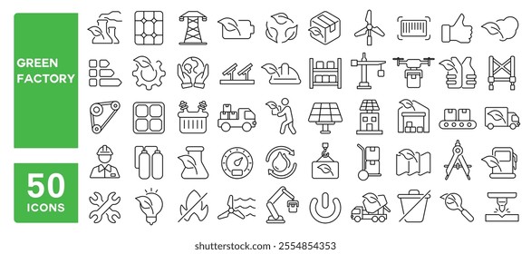 Set of 50 line icons related to green factory, eco, industry, machine, sustainability, manufacturing, technology, environment, bio, energy, Editable stroke. Vector illustration