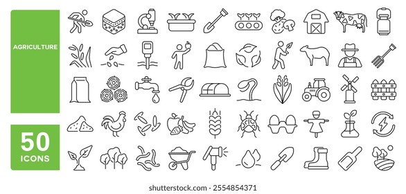 Set of 50 line icons related to agriculture, farming, farmer, seedling, growing, barn, cultivation, harvest, farmland, Editable stroke. Vector illustration