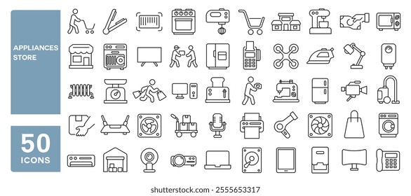 Set of 50 line icons related to appliances store, household, tv, stove, vacuum, technology, machine, electronics, Editable stroke. Vector illustration