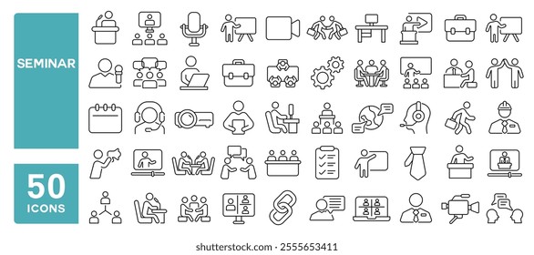 Set of 50 line icons related to seminar, online, meeting, event, presentation, training, video, conference, education, business, Editable stroke. Vector illustration