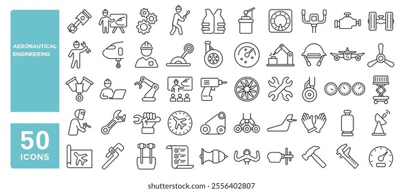 Set of 50 line icons related to aeronautical engineering, engineer, aircraft, mechanical, repair, factory, airplane, mechanic, turbine, Editable stroke. Vector illustration