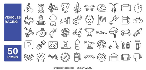 Set of 50 line icons related to vehicles racing, auto, automobile, bicycle, bike, motorcycle, sport, championship, speed, race, Editable stroke. Vector illustration