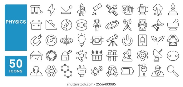 Set of 50 line icons related to physics, electric, electro, statistics, field, dynamics, magnetic, waves, volt, battery, motor, Editable stroke. Vector illustration