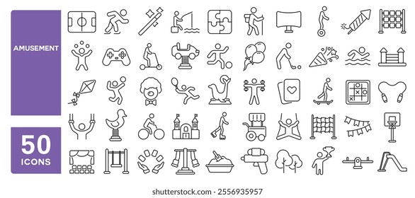 Set of 50 line icons related to amusement, entertainment, park, play, area, game, leisure, fun, activity, Editable stroke. Vector illustration