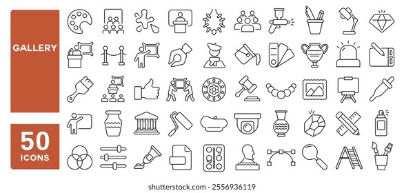 Set of 50 line icons related to gallery, painting, photo, auction, valuable, art, image, handmade, museum, exhibition, Editable stroke. Vector illustration