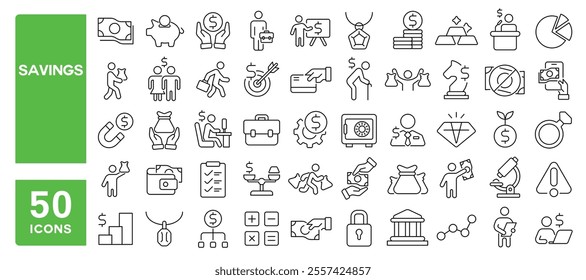 Set of 50 line icons related to savings, wealth, finance, personal, money, budget, retirement, profit, increase, pay, wage, Editable stroke. Vector illustration