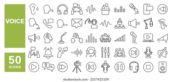 Set of 50 line icons related to voice, speak, message, microphone, talk, audio, sound, whisper, listen, hear, yell, shout, speech, Editable stroke. Vector illustration