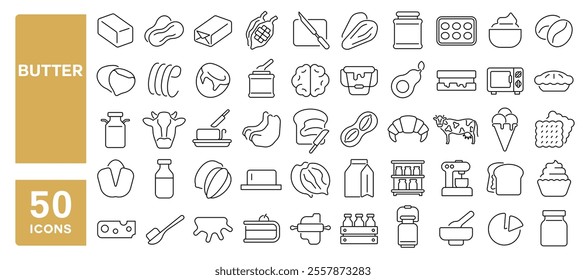 Set of 50 line icons related to butter, peanut, hazelnut, coconut, cashew, cocoa, walnut, almond, dairy, cream, margarine, Editable stroke. Vector illustration