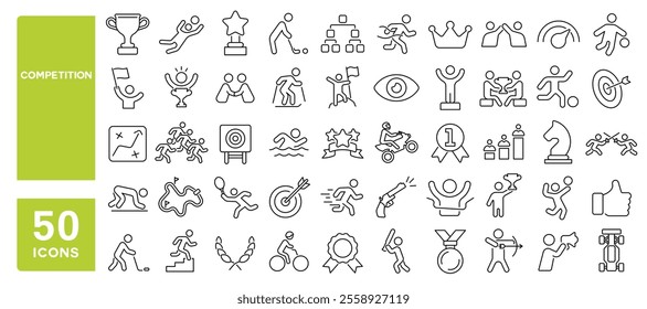 Set of 50 line icons related to competition, sport, achievement, award, win, play, challenge, rank, trophy, Editable stroke. Vector illustration