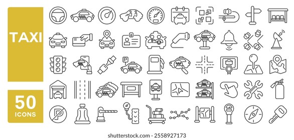 Set of 50 line icons related to taxi, car, rental, transport, travel, driver, passenger, vehicle, delivery, call, trip, Editable stroke. Vector illustration