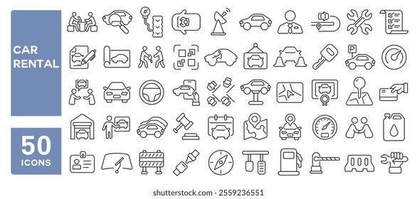 Set of 50 line icons related to car rental, sharing, automobile, transport, dealer, contract, exhibition, inspection, garage, ride, Editable stroke. Vector illustration