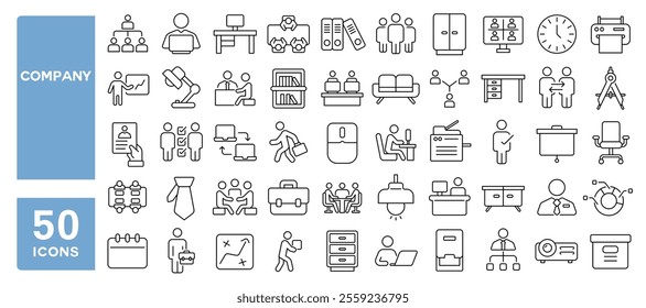 Set of 50 line icons related to company, manager, work, brand, office, employee, team, project, business, Editable stroke. Vector illustration