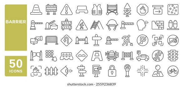 Set of 50 line icons related to barrier, road, traffic, safety, access, repair, fence, cone, boundary, detour, block, Editable stroke. Vector illustration