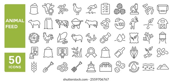 Set of 50 line icons related to animal feed, farmyard, feed production, corn, pellet, seeds, bulk, fodder, Editable stroke. Vector illustration